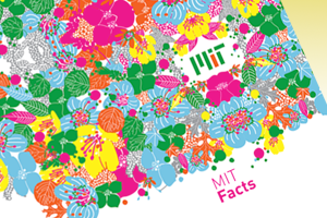 Cover of the MIT Facts booklet, which has a colorful pattern with a green and pink MIT logo in the middle.