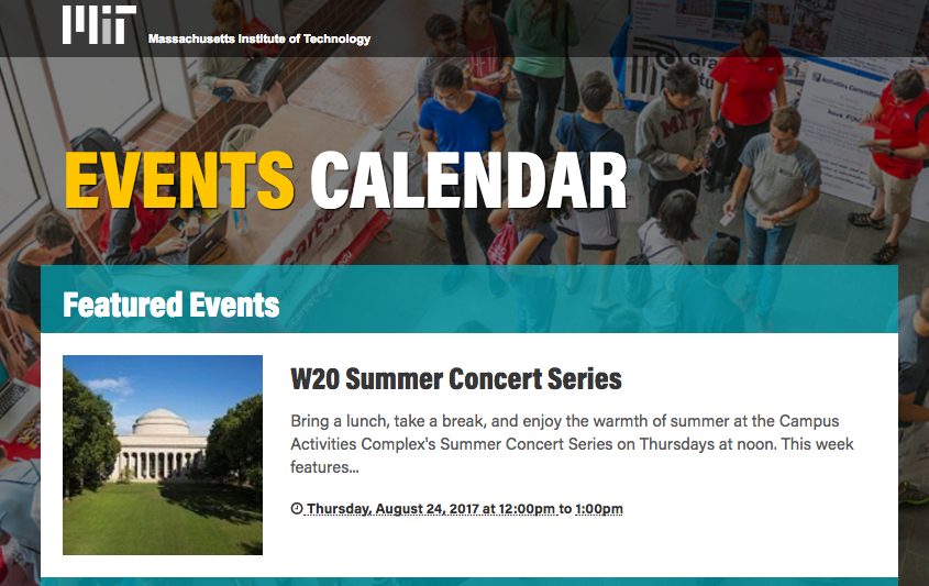 Screenshot of the MIT Events Calendar homepage
