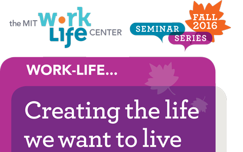 Poster in a palette of blue, purple, and orange, with the Work-Life Center logo at the top.i